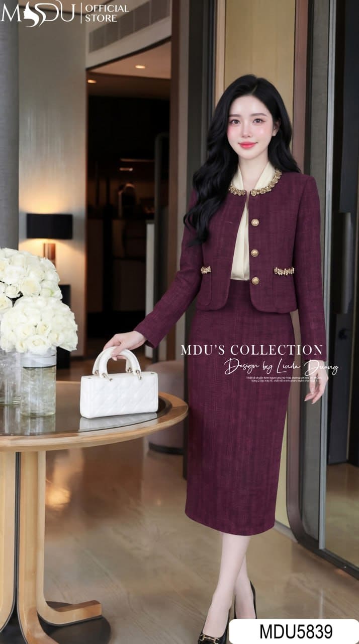 Set Thiết Kế MDU5839 Dạ Tweed Tím Áo Khoác Ngắn Đính Ngọc Chân Váy Midi Xẻ Tà Thanh Lịch