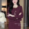 Set Thiết Kế MDU5839 Dạ Tweed Tím Áo Khoác Ngắn Đính Ngọc Chân Váy Midi Xẻ Tà Thanh Lịch 8 vay thiet ke MDU5839 2 Mdu Fashion