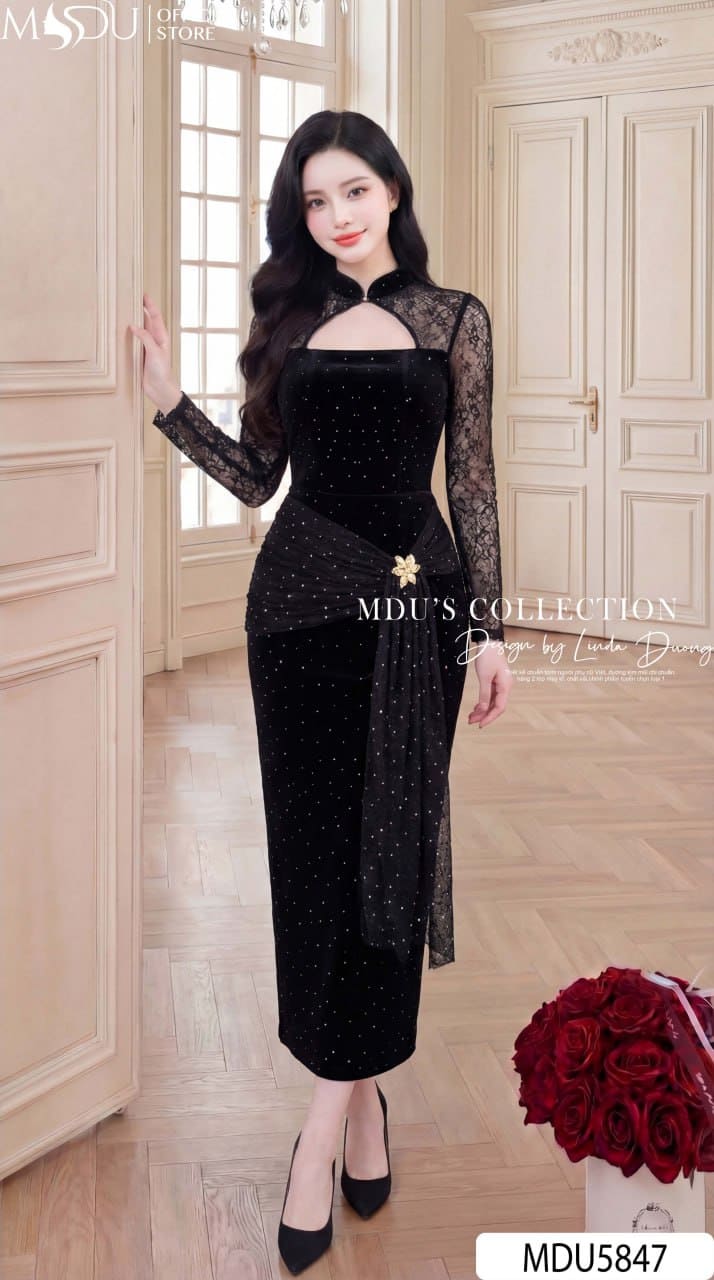 Váy Thiết Kế MDU5847 Nhung Đen Dáng Ôm Midi Cổ Cao Khoét Ngực Đính Đá Quyến Rũ
