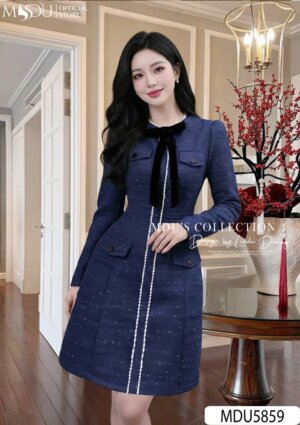 Alternative view of Váy Thiết Kế MDU5859 Dạ Tweed Kim Sa Xanh Than Dáng Trên Gối Nơ Nhung Đính Ngọc Thanh Lịch