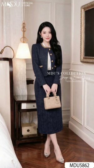 Set Dạ Tweed MDU5862 Xanh Than Dáng Thanh Lịch Áo Khoác Đính Ngọc Chân Váy Midi Xẻ Tà