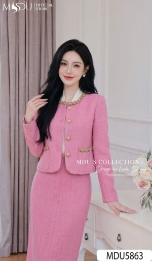 Alternative view of Set Dạ Tweed MDU5863 Hồng Phấn Dáng Thanh Lịch Áo Khoác Đính Ngọc Chân Váy Midi Xẻ Tà