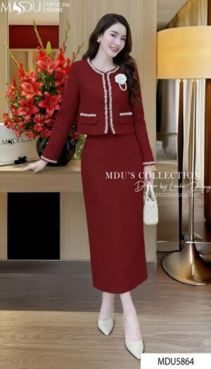Set Dạ Tweed MDU5864 Đỏ Đô Dáng Thanh Lịch Áo Khoác Đính Ngọc Hoa Chân Váy Ôm Midi Xẻ Tà