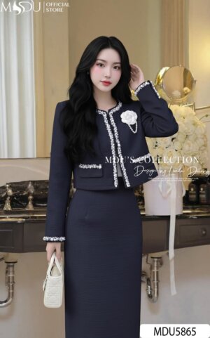 Alternative view of Set Dạ Tweed MDU5865 Xanh Than Áo Khoác Đính Ngọc Hoa Chân Váy Ôm Midi Xẻ Tà