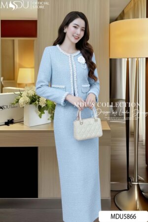 Alternative view of Set Dạ Tweed MDU5866 Xanh Mint Dáng Thanh Lịch Áo Khoác Đính Ngọc Hoa Chân Váy Ôm Midi Xẻ Tà