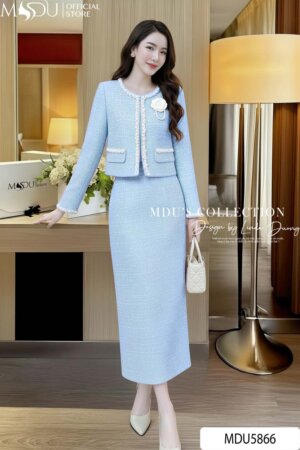 Set Dạ Tweed MDU5866 Xanh Mint Dáng Thanh Lịch Áo Khoác Đính Ngọc Hoa Chân Váy Ôm Midi Xẻ Tà