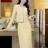 Set Dạ Tweed MDU5867 Vàng Thanh Lịch Áo Khoác Đính Ngọc Hoa Chân Váy Ôm Midi Xẻ Tà 7 vay thiet ke MDU5867 2 Mdu Fashion
