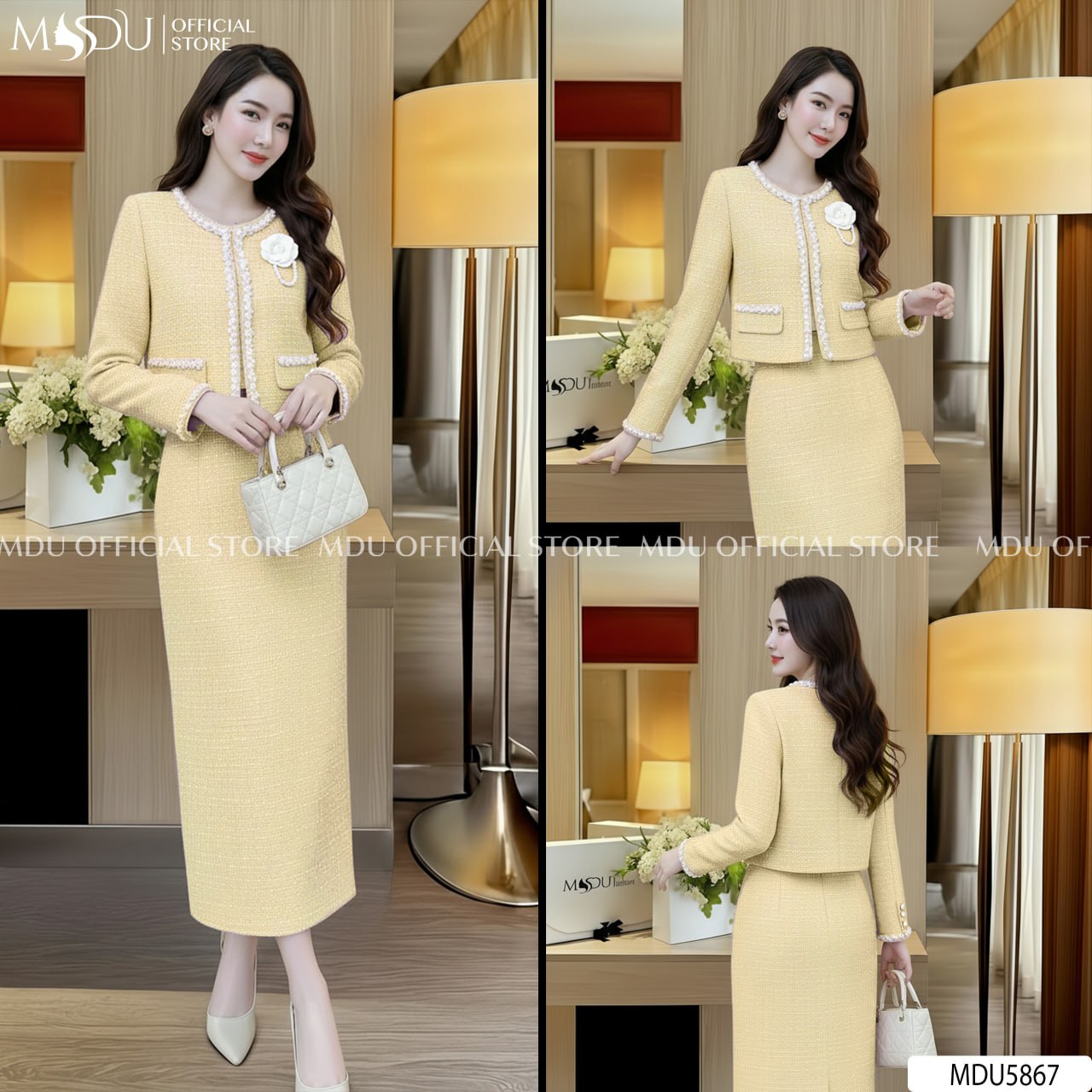 Set Dạ Tweed MDU5867 Vàng Thanh Lịch Áo Khoác Đính Ngọc Hoa Chân Váy Ôm Midi Xẻ Tà 5 Set Dạ Tweed MDU5867 Vàng Thanh Lịch Áo Khoác Đính Ngọc Hoa Chân Váy Ôm Midi Xẻ Tà - Ảnh 4