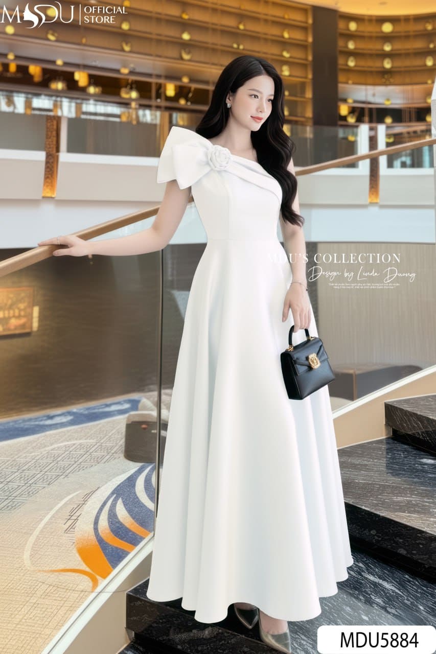 Váy Thiết Kế MDU5884 Lụa Twist Satin Trắng Tinh Khôi, Sang Trọng Và Kiêu Sa