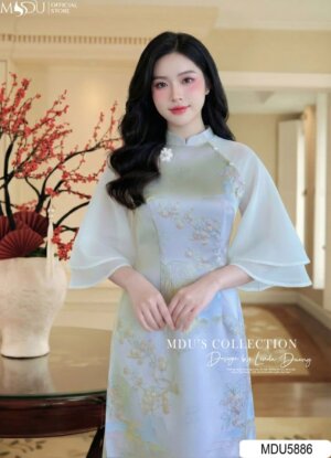 Alternative view of Áo Dài Thiết Kế MDU5886 Gấm Cao Cấp Xanh Phối Hồng Nhạt Thanh Tao