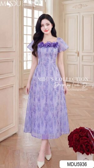 Alternative view of Váy Thiết Kế MDU5936 Tím Họa Tiết Lãng Mạn Dịu Dàng Bay Bổng, Thanh Lịch Cuốn Hút