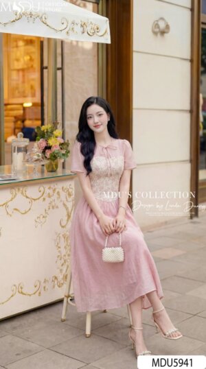 Alternative view of Váy Thiết Kế MDU5987 Tơ Hàn Cao Cấp Dáng Xòe Thanh Lịch Hoa Thủ Công Tay Lửng Nhẹ Nhàng