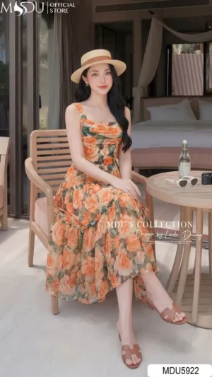 Alternative view of Váy Thiết Kế MDU5922 Tơ Óng Hàn Cam Họa Tiết Rực Rỡ, Quyến Rũ Và Đầy Sức Sống