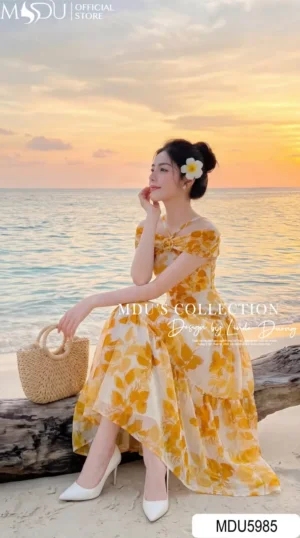 Alternative view of Váy Thiết Kế MDU5985 Tơ Óng Hàn Cao Cấp Vàng Họa Tiết Rực Rỡ Tươi Tắn, Nữ Tính Và Cuốn Hút Mọi Ánh Nhìn