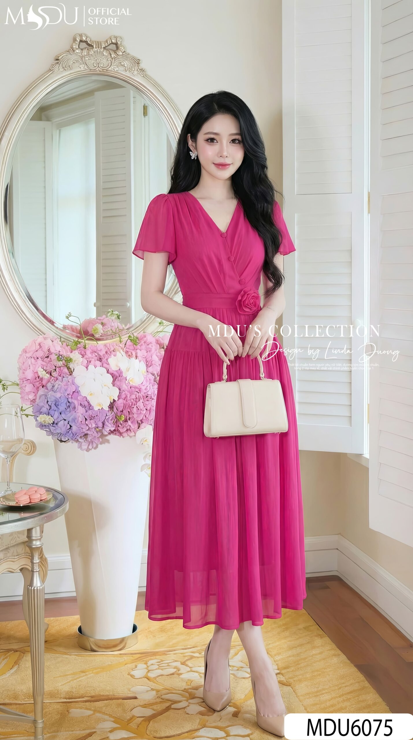 Váy Thiết Kế MDU6075 – Tơ Óng Hàn Hồng Sen, Hoa Cuốn Thủ Công Đính Eo Duyên Dáng