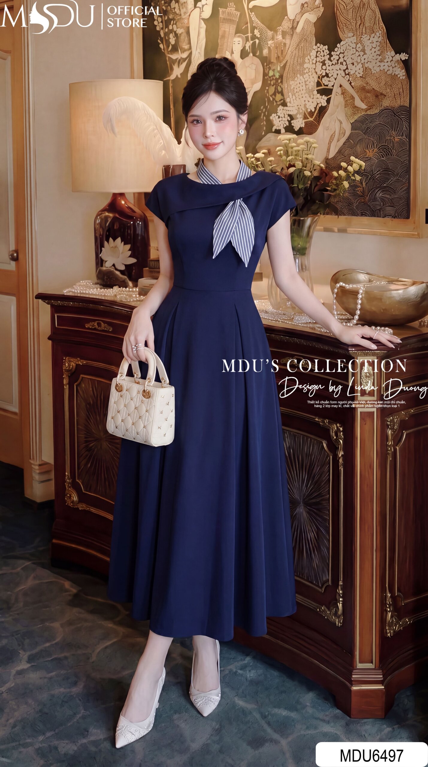 VÁY THIẾT KẾ MDU6497 – XANH NAVY CHỈN CHU, NƠ SỌC THÁO RỜI TẠO ĐIỂM NHẤN HIỆN ĐẠI