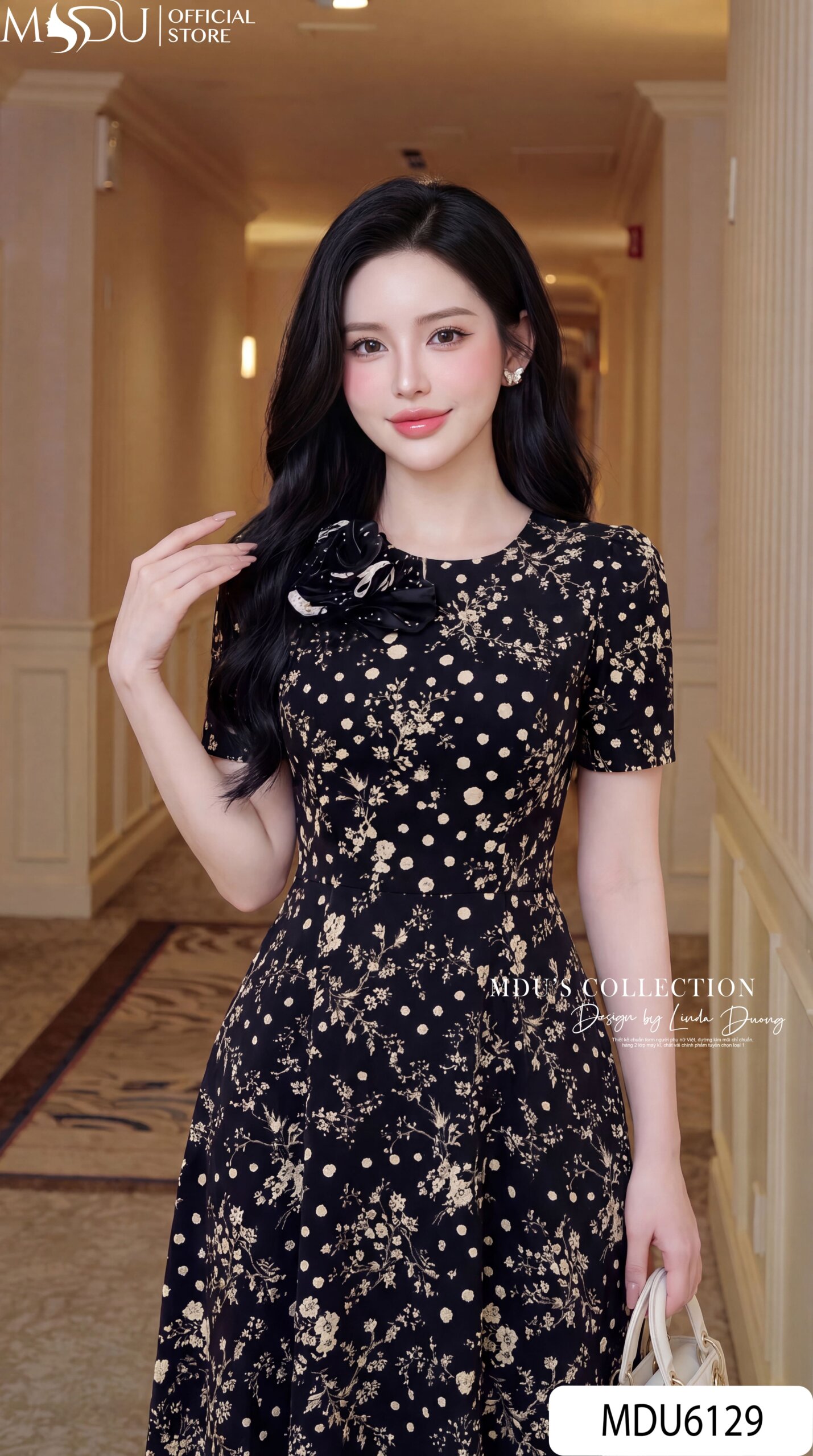 Váy Thiết Kế MDU6129 – Lụa Viscose Đen Họa Tiết, Hoa Thủ Công Đính Cổ Sang Trọng 29 Váy Thiết Kế MDU6129 – Lụa Viscose Đen Họa Tiết, Hoa Thủ Công Đính Cổ Sang Trọng