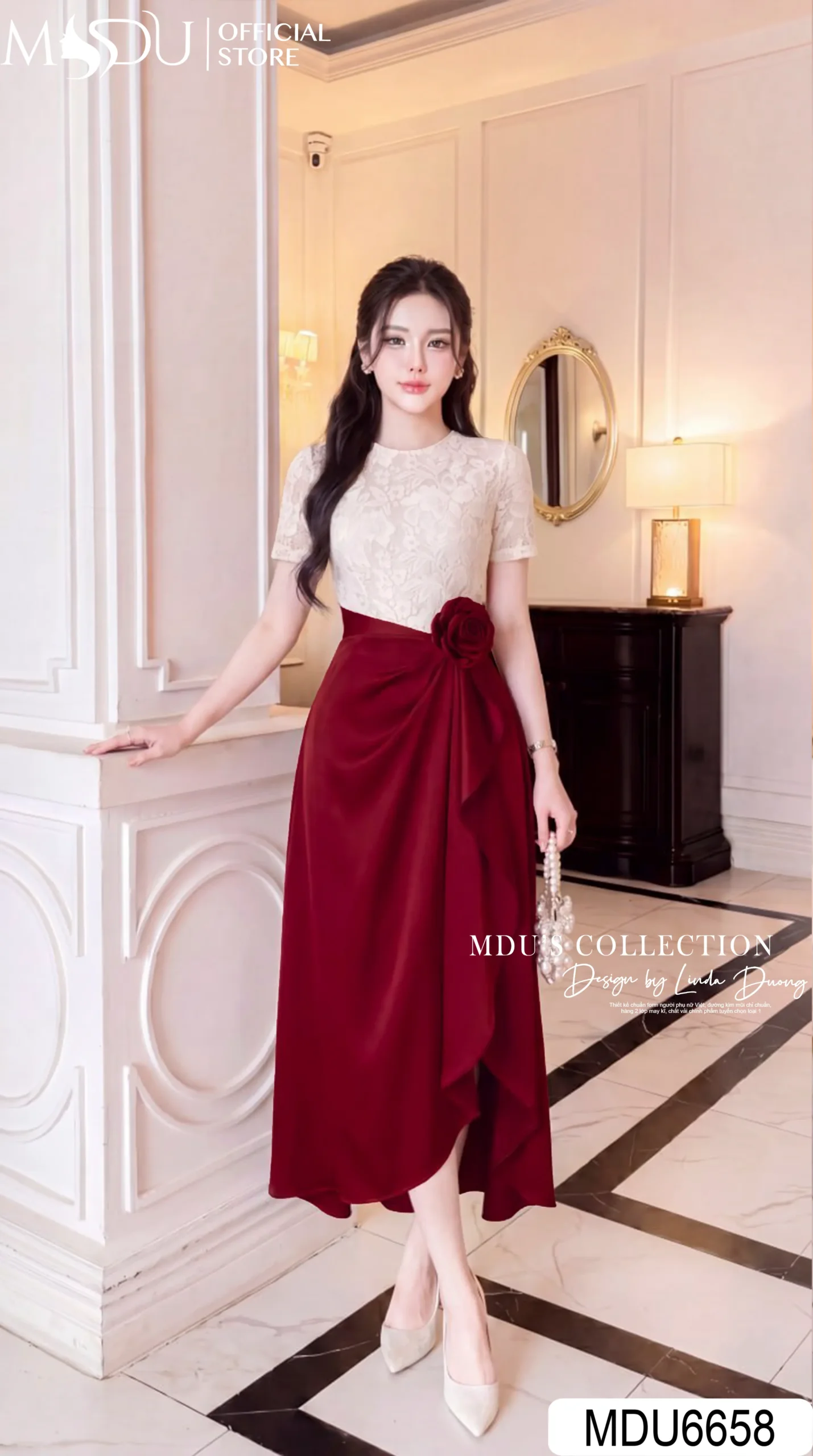 Váy Thiết Kế MDU6658 – Ren Hoa Kem Phối Twist Satin Đỏ Đô, Hoa Cuốn Thủ Công Sang Trọng