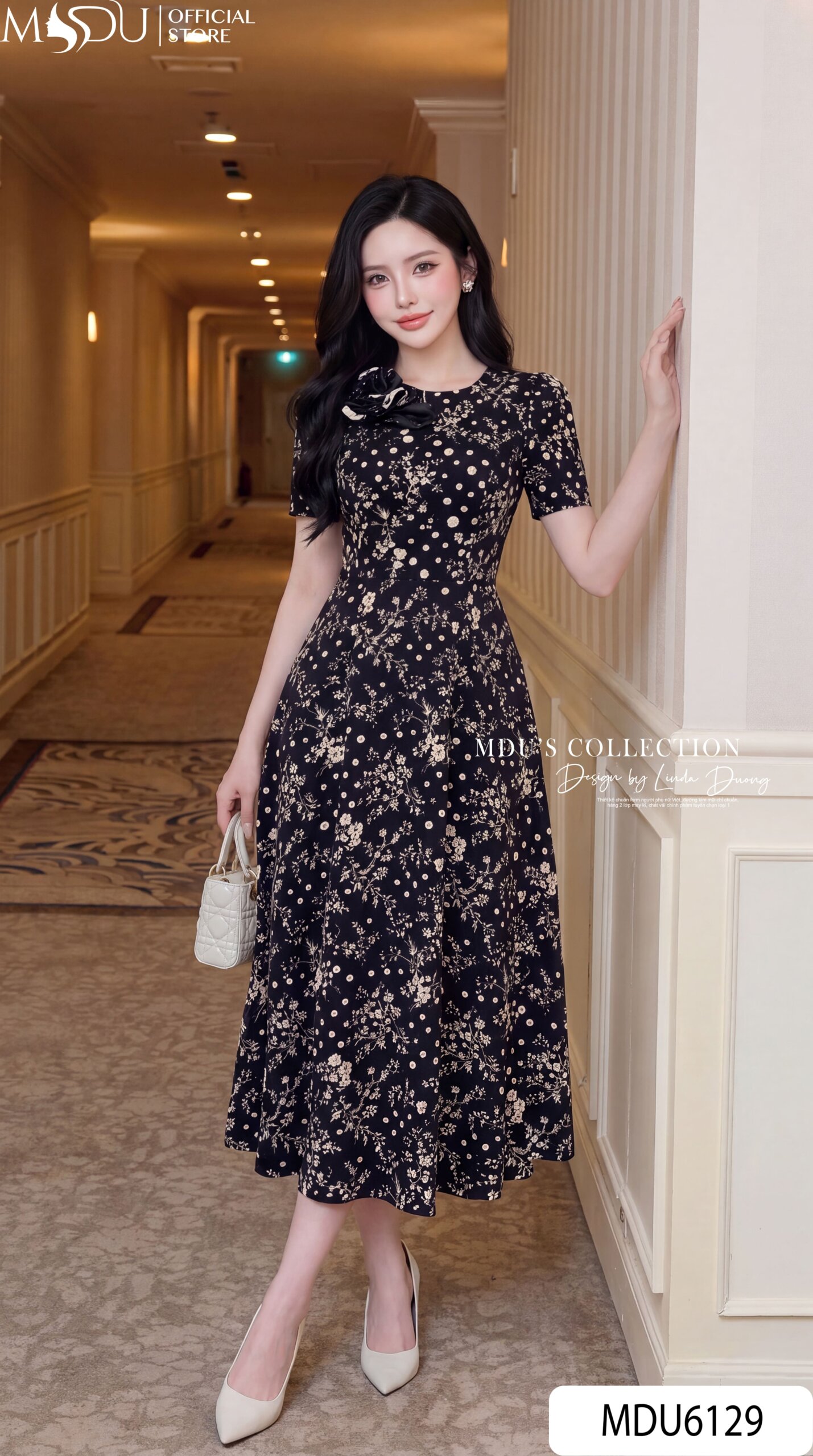 Váy Thiết Kế MDU6129 – Lụa Viscose Đen Họa Tiết, Hoa Thủ Công Đính Cổ Sang Trọng