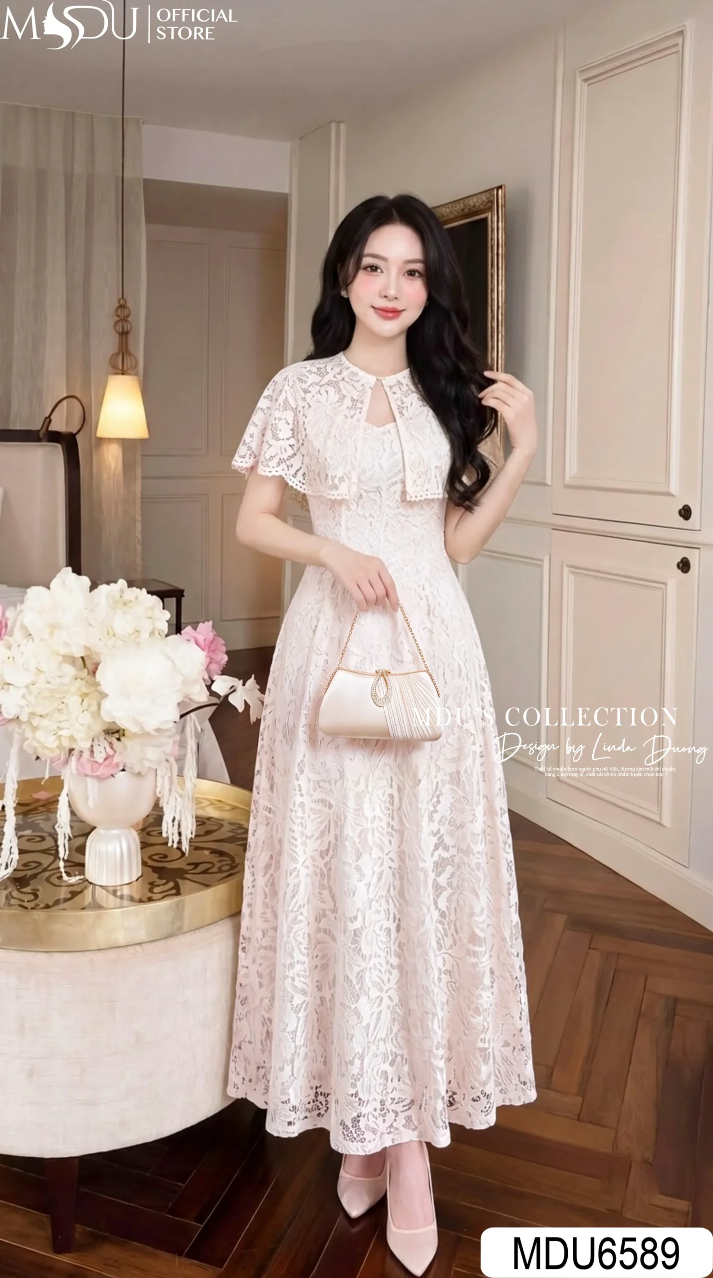 Váy Thiết Kế MDU6589 – Ren Hoa Nổi Kem, Choàng Vai Cánh Tiên Rời Thanh Lịch