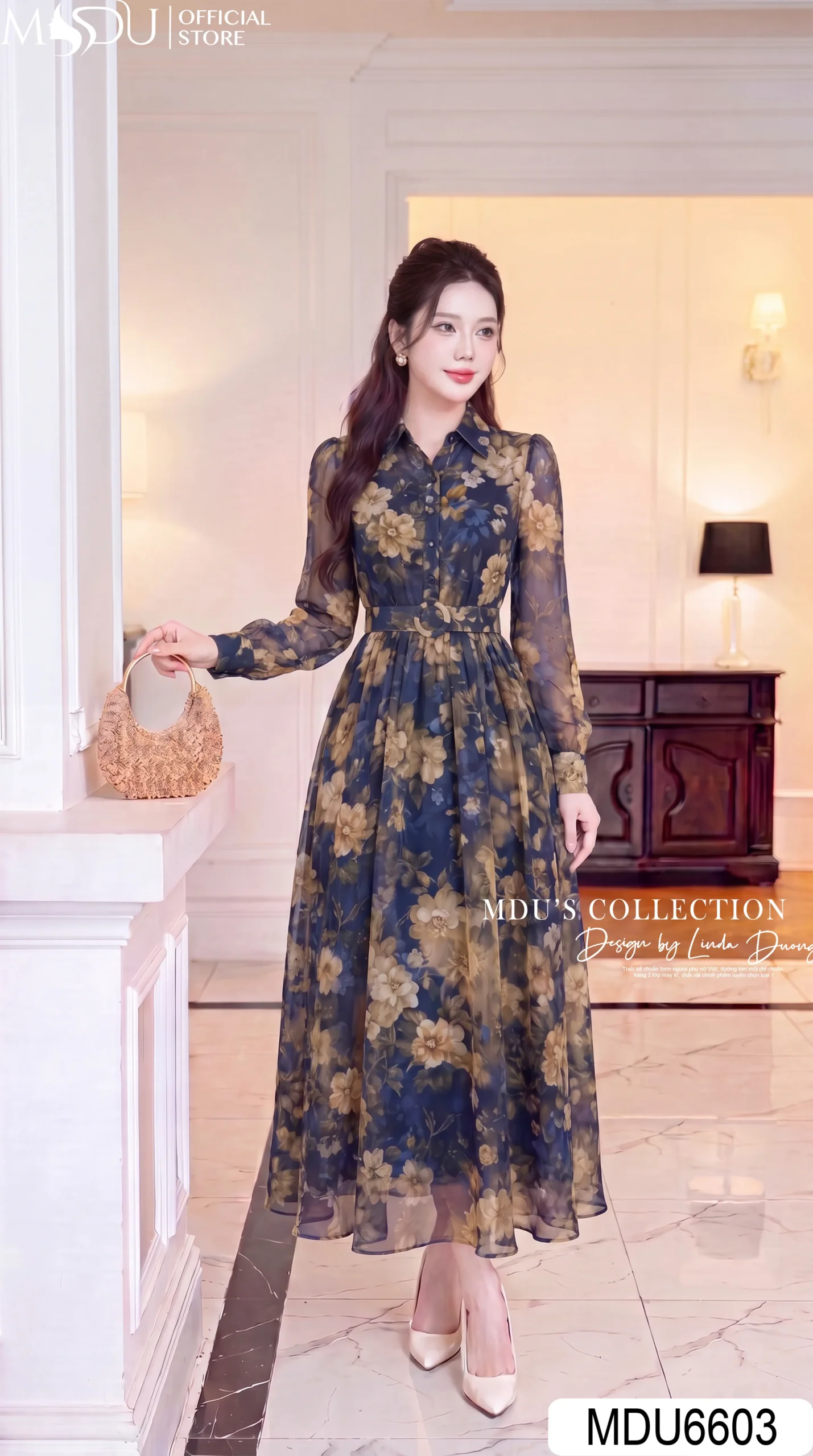 Váy Thiết Kế MDU6603 – Tơ Óng Hàn Xanh Navy Hoa Lớn, Cổ Sơ Mi Phối Đai Eo Sang Trọng 26 Váy Thiết Kế MDU6603 – Tơ Óng Hàn Xanh Navy Hoa Lớn, Cổ Sơ Mi Phối Đai Eo Sang Trọng