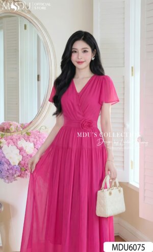 Alternative view of Váy Thiết Kế MDU6075 – Tơ Óng Hàn Hồng Sen, Hoa Cuốn Thủ Công Đính Eo Duyên Dáng