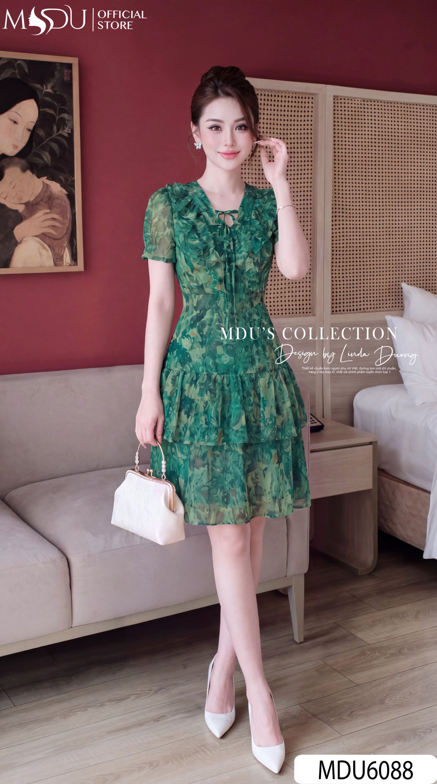 Váy Thiết Kế MDU6088 – Tơ Xanh Lá Tươi Mát, Tùng 2 Tầng Bay Bổng Duyên Dáng