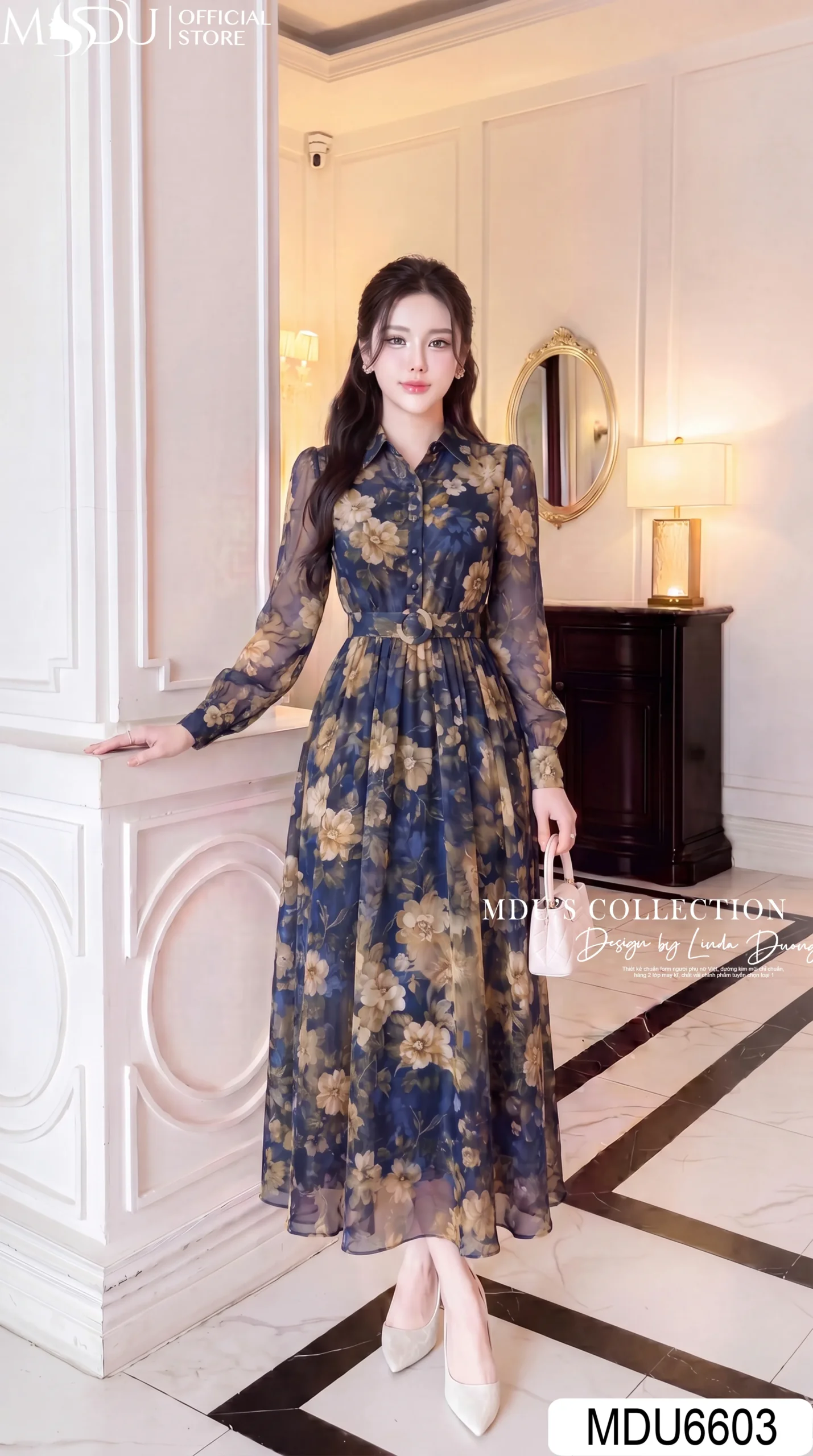 Váy Thiết Kế MDU6603 – Tơ Óng Hàn Xanh Navy Hoa Lớn, Cổ Sơ Mi Phối Đai Eo Sang Trọng