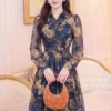Váy Thiết Kế MDU6603 – Tơ Óng Hàn Xanh Navy Hoa Lớn, Cổ Sơ Mi Phối Đai Eo Sang Trọng 9 3 11zon Mdu Fashion