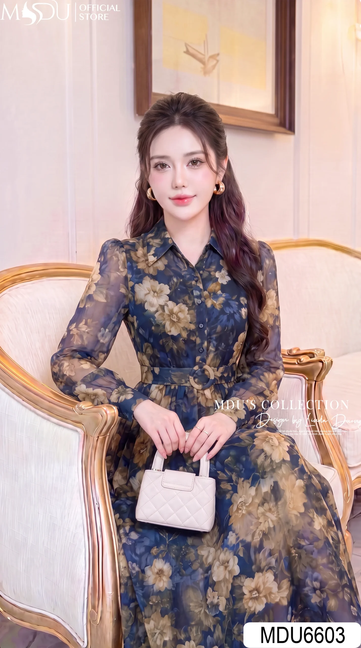 Váy Thiết Kế MDU6603 – Tơ Óng Hàn Xanh Navy Hoa Lớn, Cổ Sơ Mi Phối Đai Eo Sang Trọng 5 Váy Thiết Kế MDU6603 – Tơ Óng Hàn Xanh Navy Hoa Lớn, Cổ Sơ Mi Phối Đai Eo Sang Trọng - Ảnh 4