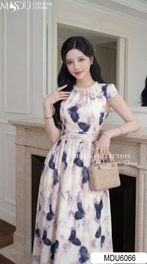 Alternative view of Váy Thiết Kế MDU6066 – Mango Ý Kem Họa Tiết, Chiết Ly Eo Phối Dây Ngọc Sang Trọng