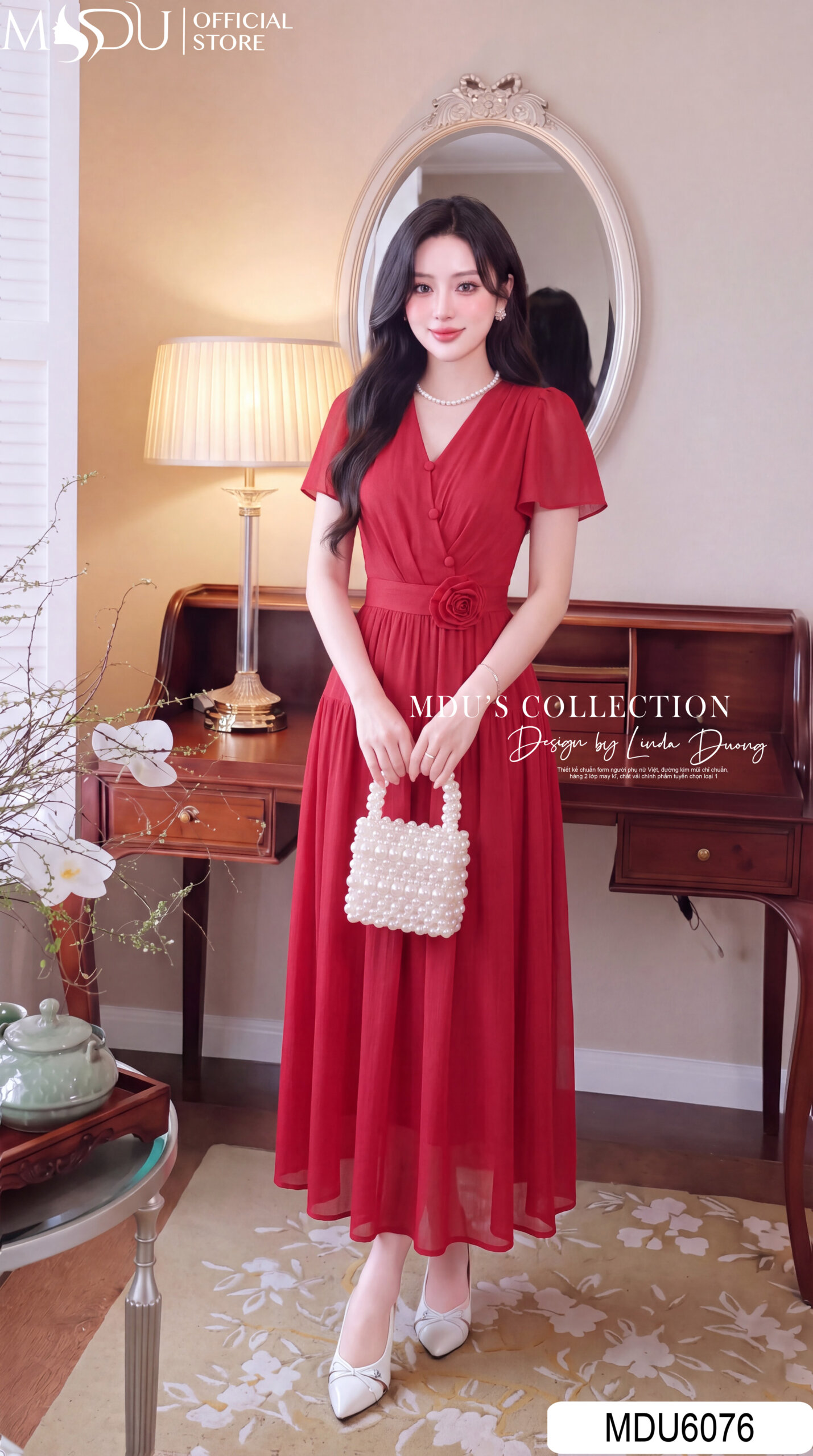 Váy Liền MDU6076 Tơ Óng Hàn Đỏ Đô Dáng Xòe Thanh Lịch, Điểm Hoa Cuốn Thủ Công Tinh Tế
