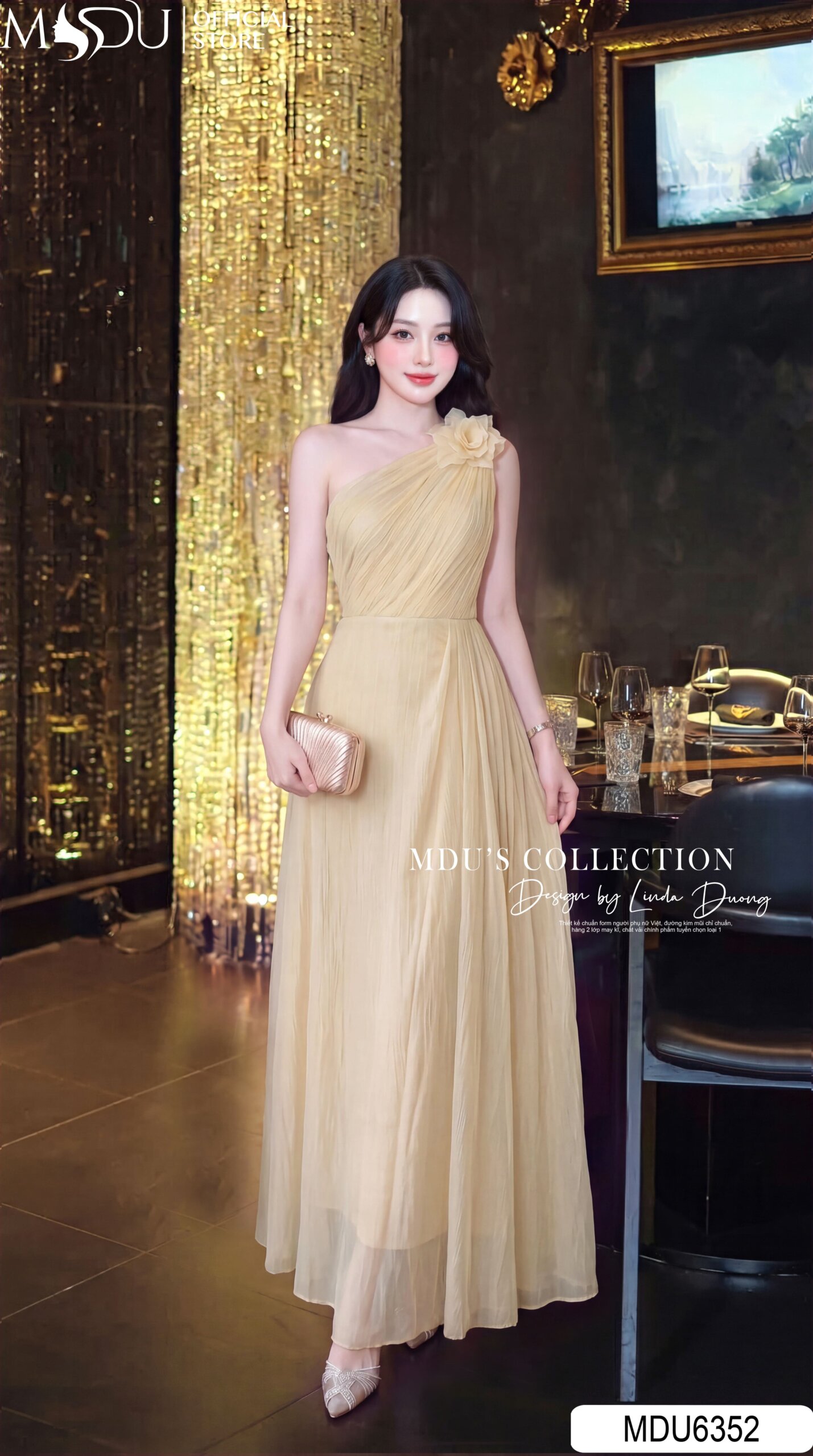 VÁY THIẾT KẾ MDU6352 – TƠ VÂN HÀN GAM KEM, CHÉO VAI LỆCH ĐÍNH HOA THỦ CÔNG