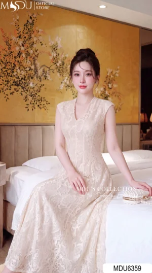 Alternative view of Váy Thiết Kế MDU6359 Ren Nổi Màu Kem Dáng Xòe Thanh Lịch Cổ V Tay Hến Nữ Tính