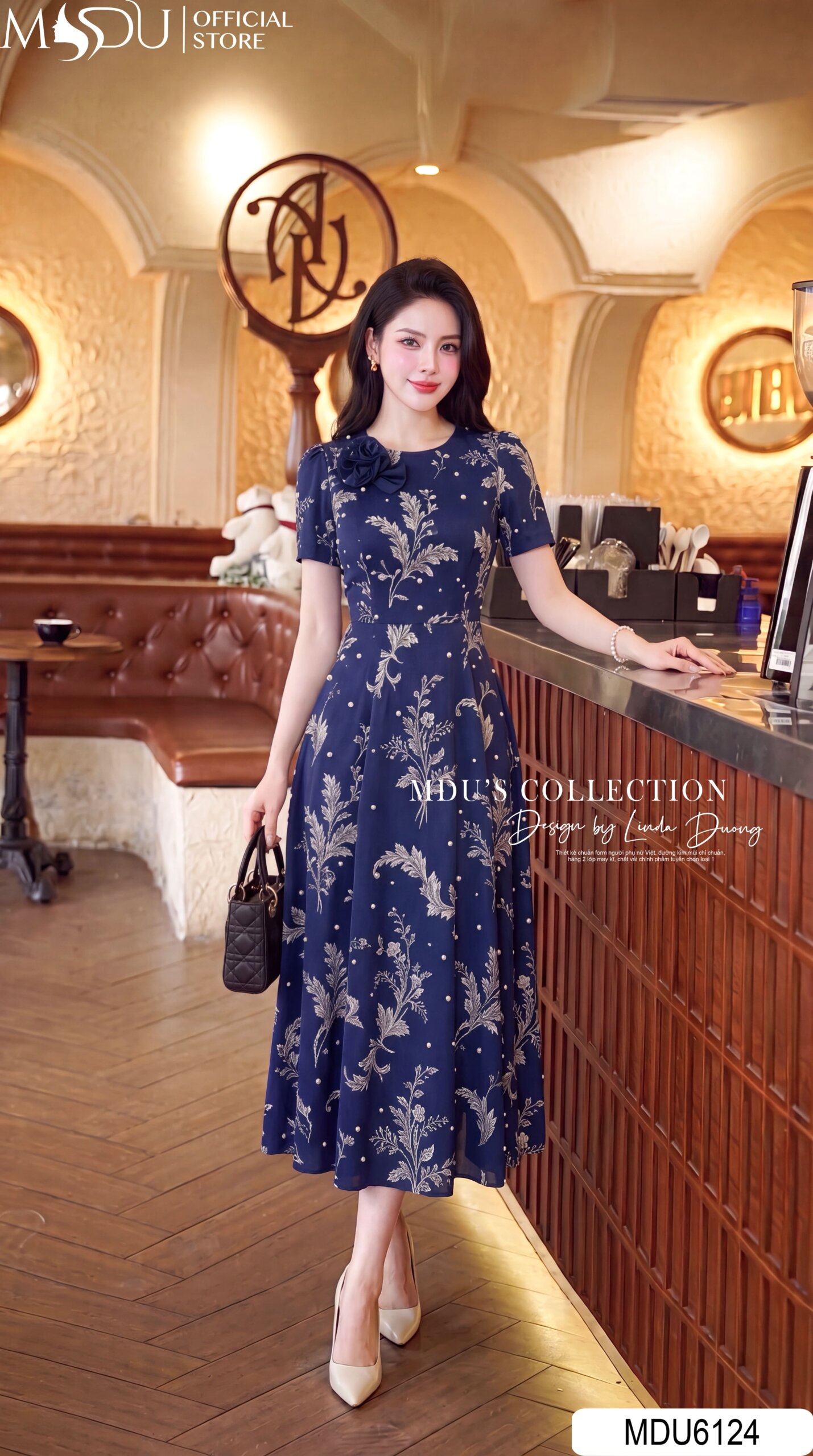 Váy Thiết Kế MDU6124 – Lụa Viscose Xanh Than Họa Tiết, Điểm Hoa Thủ Công Tinh Tế
