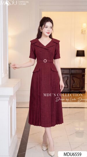 Alternative view of VÁY THIẾT KẾ MDU6559 – DẠ PREMIUM ĐỎ RƯỢU VANG, CỔ CÁCH ĐIỆU ĐẦY KHÍ CHẤT