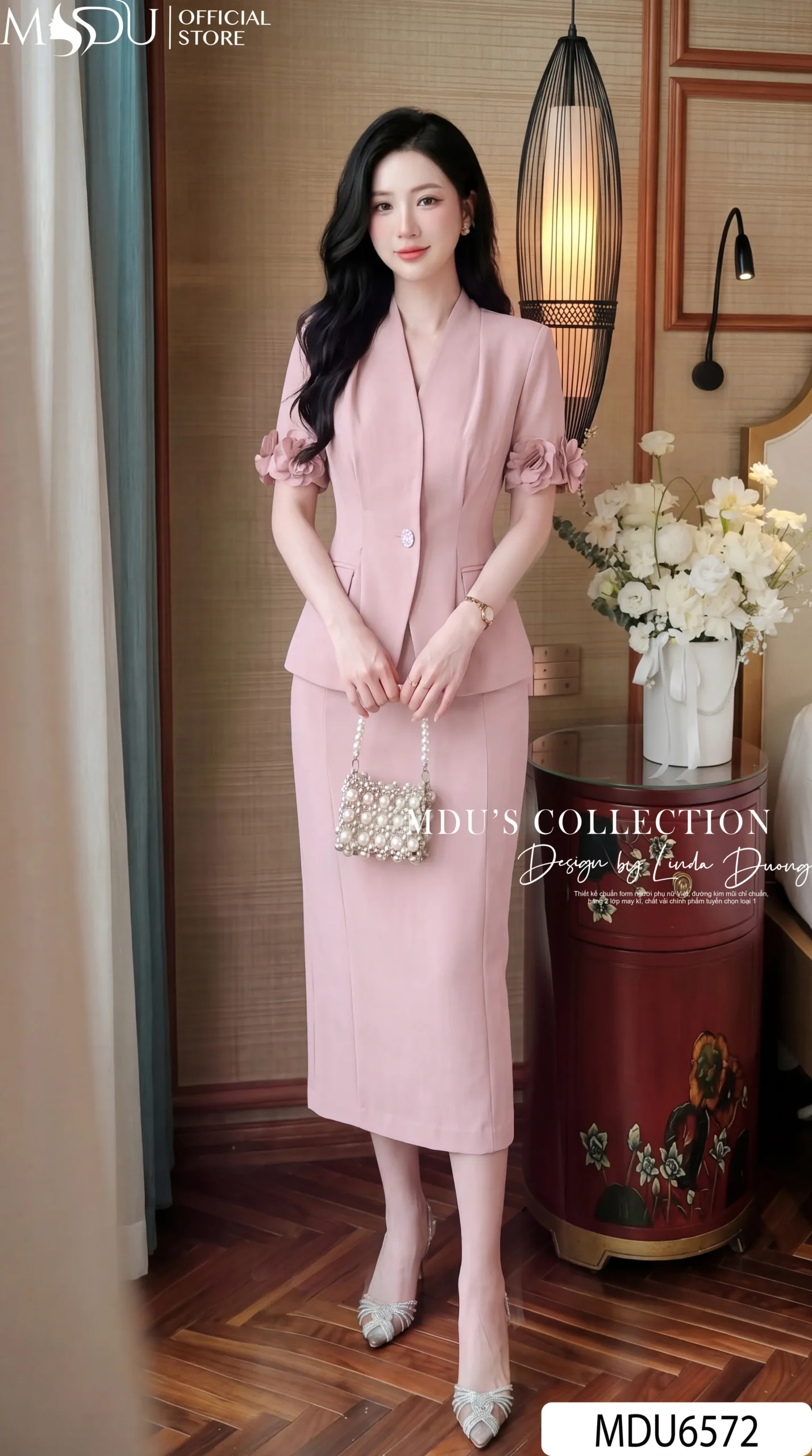 Set Thiết Kế MDU6572 – Twill Nhật Hồng Phấn, Áo Vest Phối Chân Váy Bút Chì Thanh Lịch