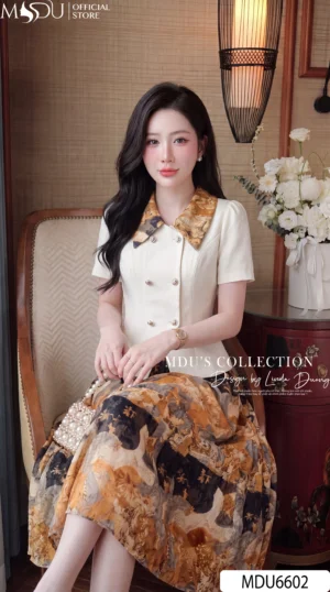 Alternative view of Set Thiết Kế MDU6602 – Chéo Tuyết Phối Mango Ý Họa Tiết Vàng Nâu Sang Trọng