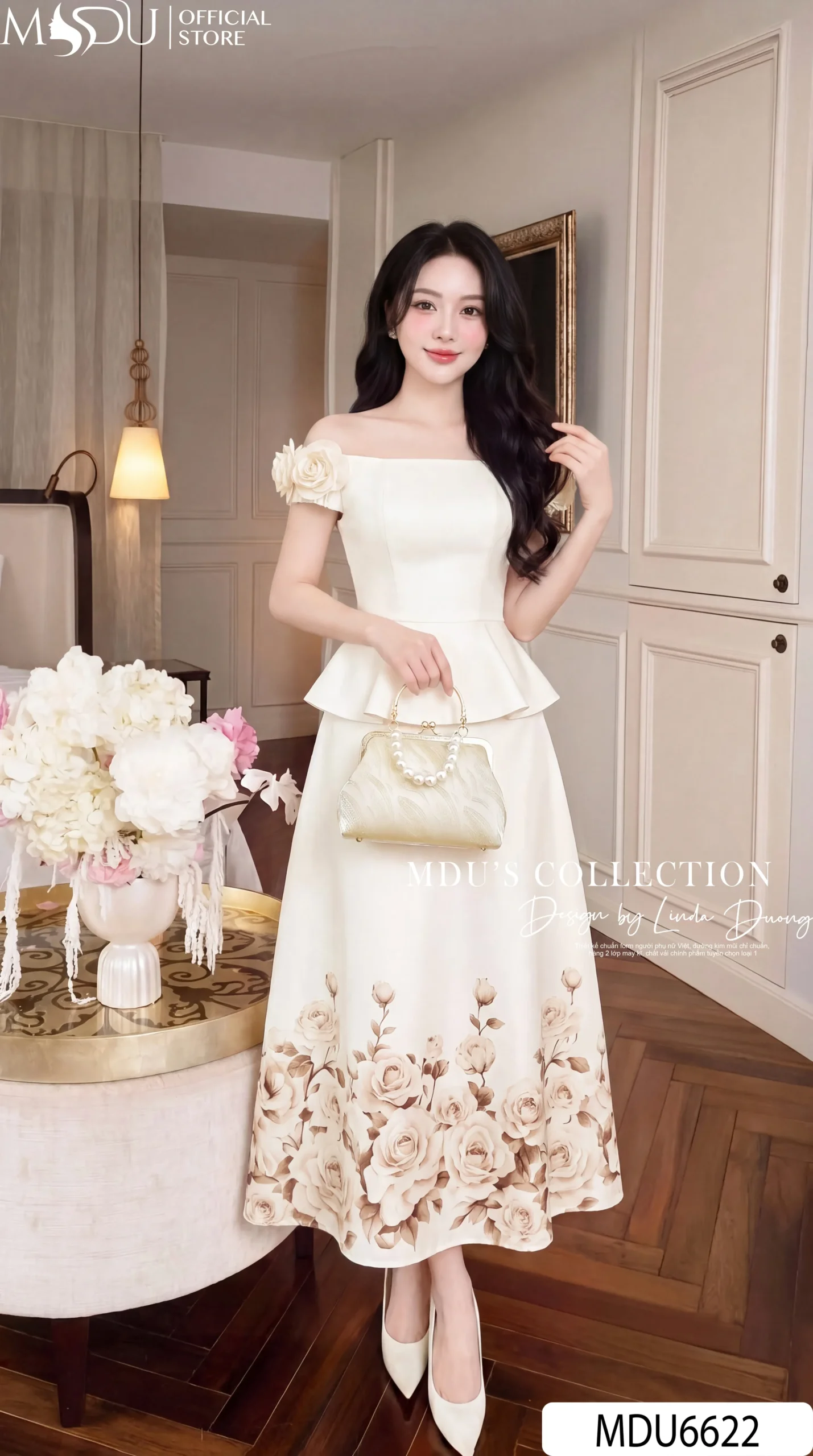 Váy Thiết Kế MDU6622 – Twist Satin Be Trễ Vai, Peplum Phối Hoa 3D Sang Trọng