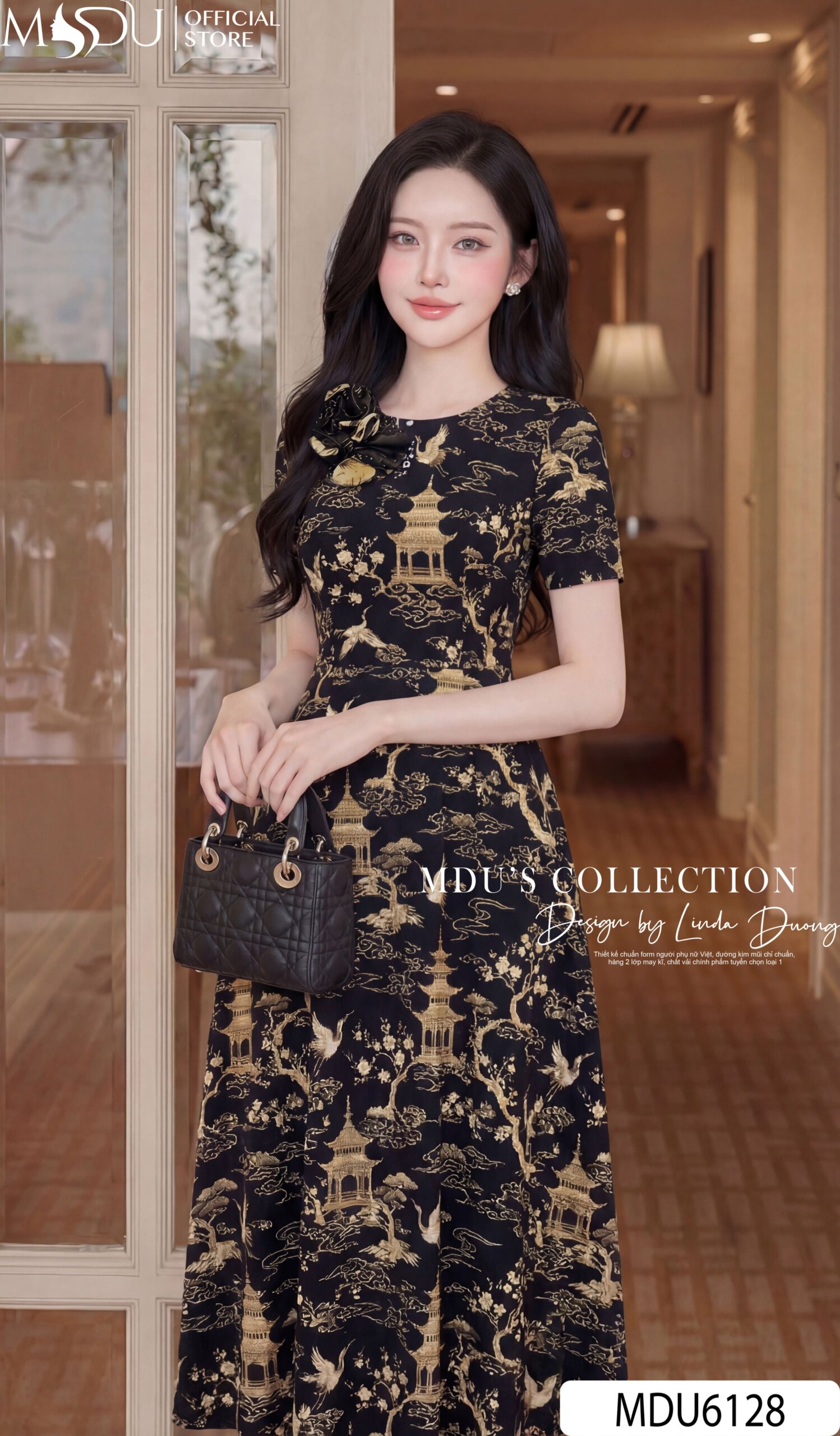 Váy Thiết Kế MDU6128 – Lụa Viscose Đen Họa Tiết, Hoa Thủ Công Đính Cổ Tinh Tế 6 Váy Thiết Kế MDU6128 – Lụa Viscose Đen Họa Tiết, Hoa Thủ Công Đính Cổ Tinh Tế - Ảnh 5