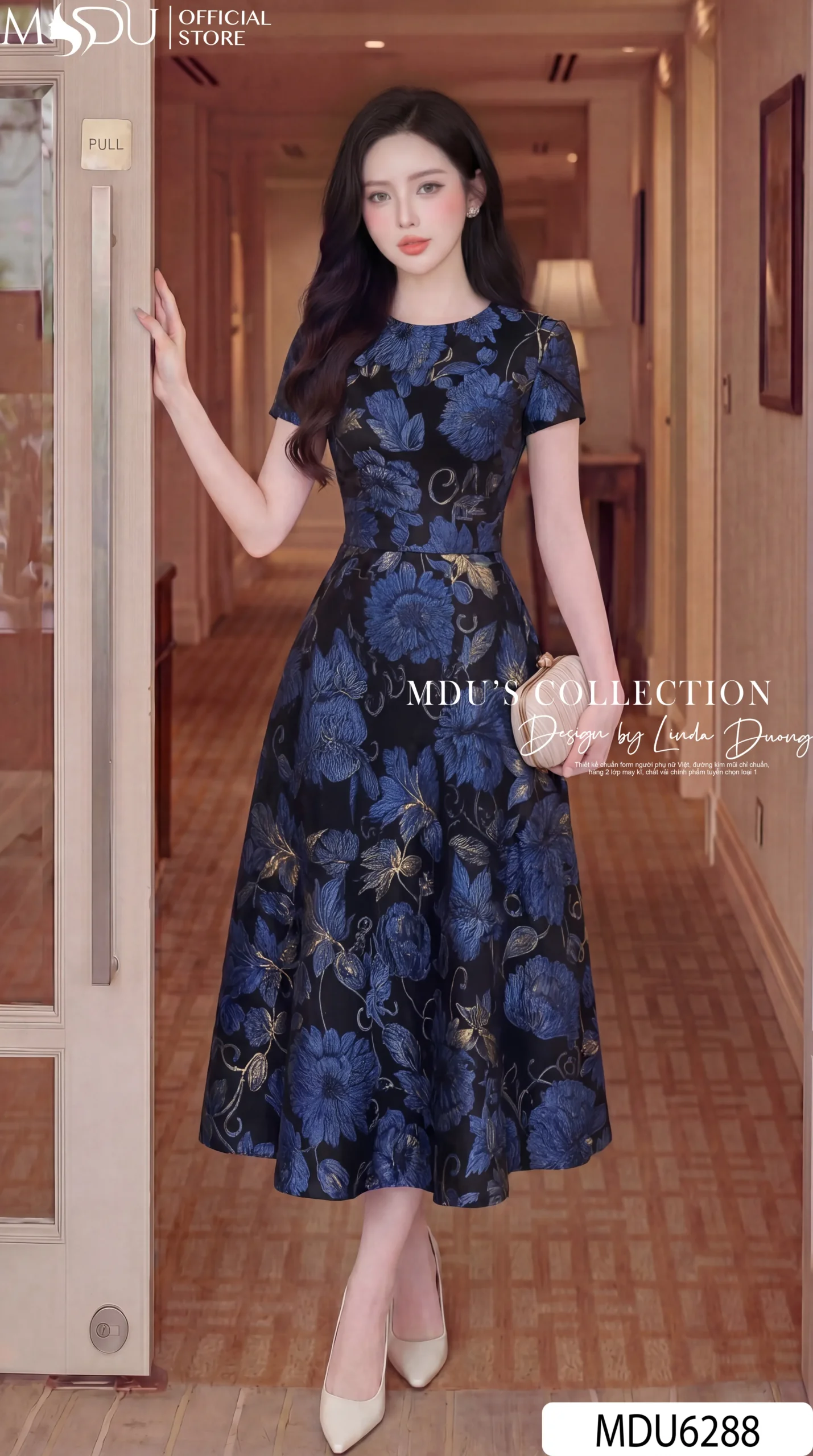 Váy Liền MDU6288 – Lụa Twist Satin Họa Tiết Xanh Dáng Xòe Thanh Lịch, Sang Trọng