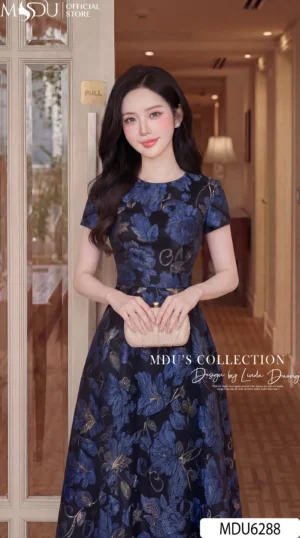 Alternative view of Váy Liền MDU6288 – Lụa Twist Satin Họa Tiết Xanh Dáng Xòe Thanh Lịch, Sang Trọng
