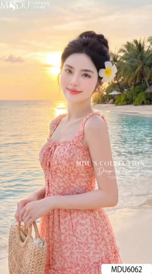 Alternative view of Váy Liền MDU6062 Tơ Hàn Họa Tiết Hồng Dáng Xòe Phân Tầng Nữ Tính