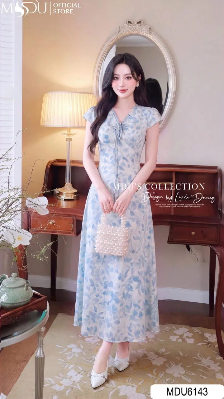Váy Thiết Kế MDU6143 Mango Ý Xanh Họa Tiết Dáng Xòe Tay Bồng Đai Eo Tôn Dáng Thanh Lịch