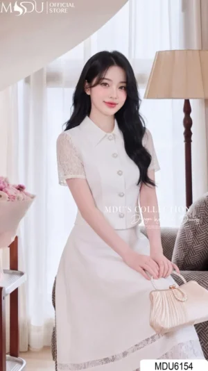 Alternative view of Set Váy Thiết Kế MDU6154 Gold Nhật Trắng Phối Ren Họa Tiết Nổi Cúc Cài Thanh Lịch Quý Phái