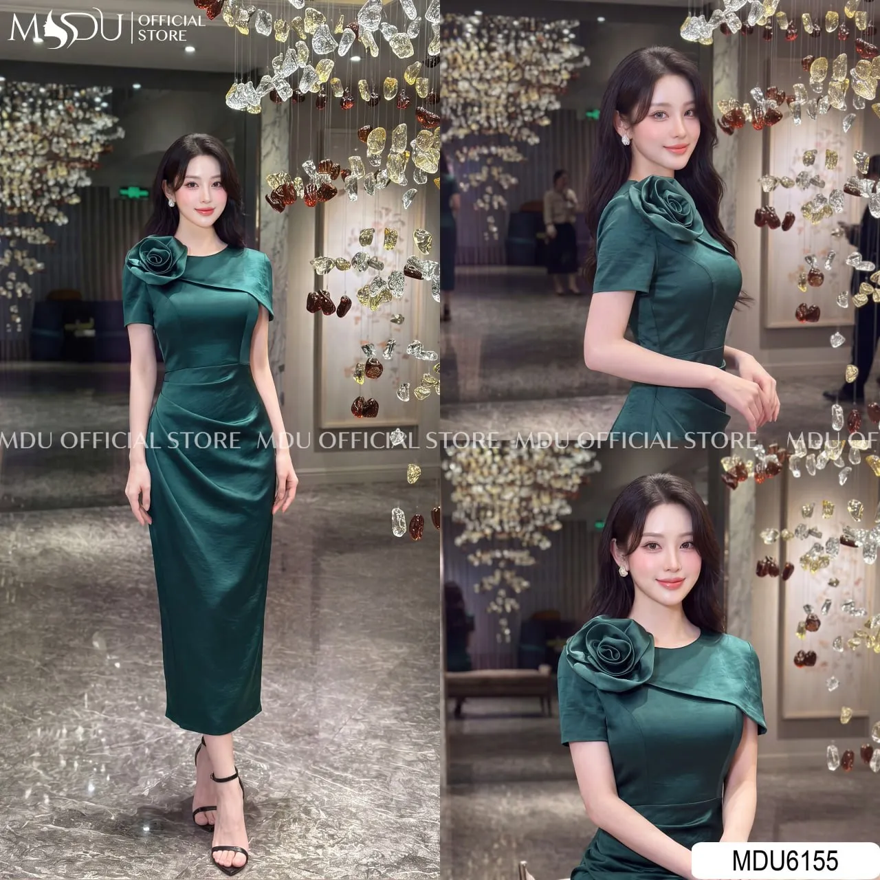 Váy Thiết Kế MDU6155 Lụa Twist Satin Xanh Cổ Vịt Dáng Ôm Xẻ Tà Hoa Cuốn Thủ Công Sang Trọng 6 Váy Thiết Kế MDU6155 Lụa Twist Satin Xanh Cổ Vịt Dáng Ôm Xẻ Tà Hoa Cuốn Thủ Công Sang Trọng - Ảnh 4