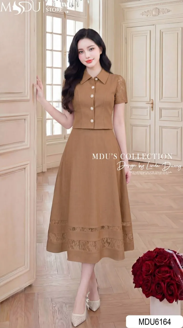 Váy Thiết Kế MDU6164 Set Gold Nhật Nâu Sang Trọng Phối Ren Nổi Thanh Lịch Quý Phái