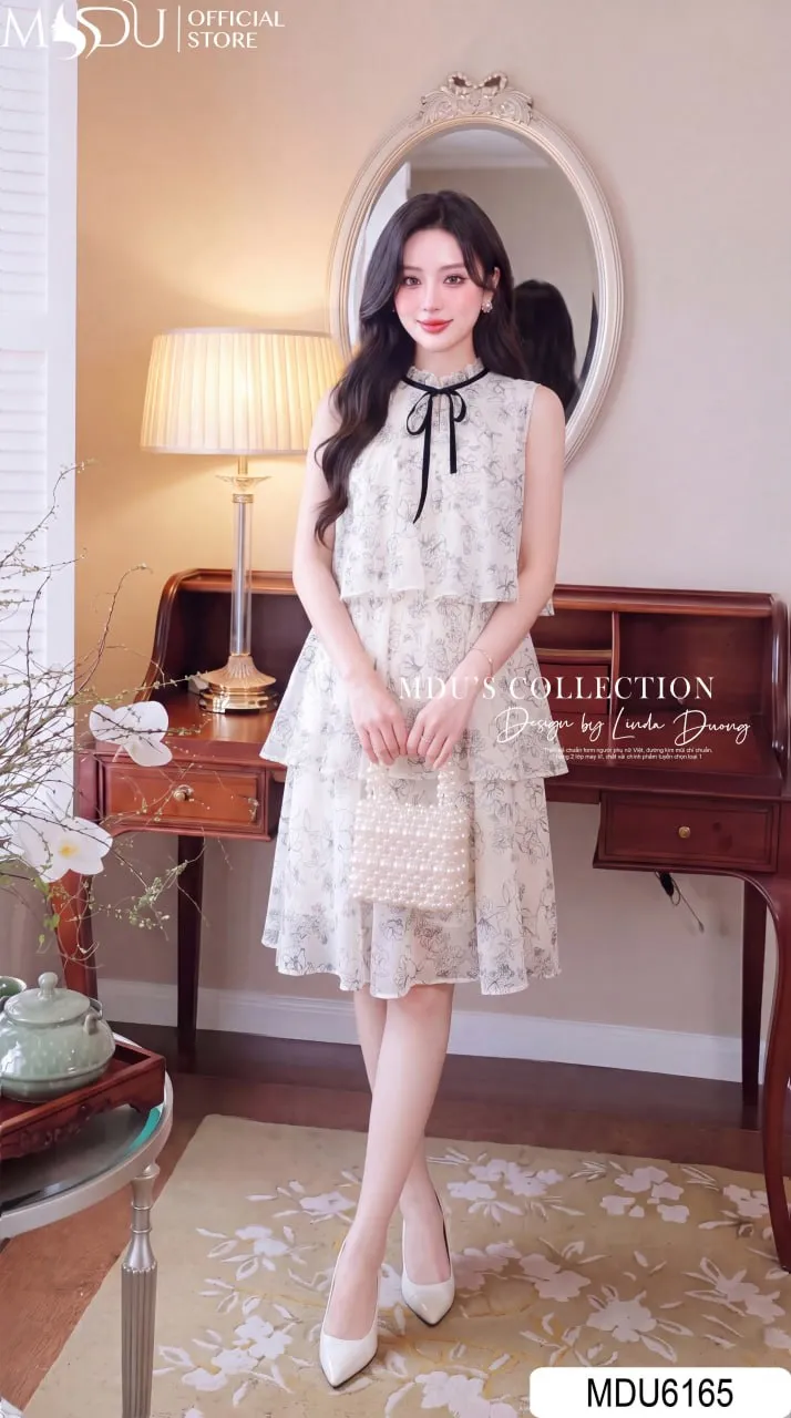 Váy Thiết Kế MDU6165 Tơ Óng Hàn Babydoll 3 Tầng Họa Tiết Hoa Dây Buộc Nơ Cổ Nữ Tính