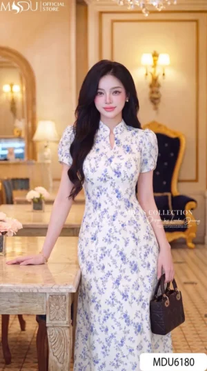Alternative view of Váy Thiết Kế MDU6180 Mango Ý Xanh Họa Tiết Dáng Xòe Cổ V Tay Cách Điệu Thanh Lịch