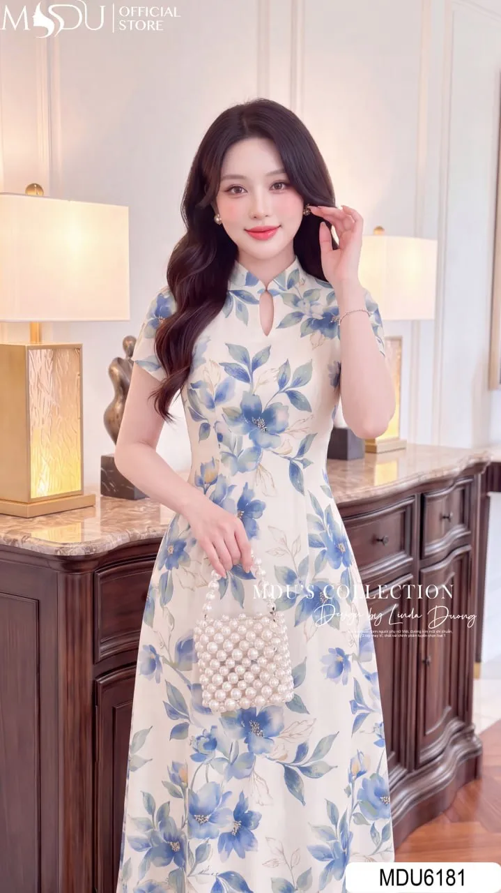 Váy Thiết Kế MDU6181 Mango Ý Trắng Họa Tiết Xanh Dáng Xòe Cổ V Tay Cách Điệu Thanh Lịch 4 Váy Thiết Kế MDU6181 Mango Ý Trắng Họa Tiết Xanh Dáng Xòe Cổ V Tay Cách Điệu Thanh Lịch - Ảnh 3